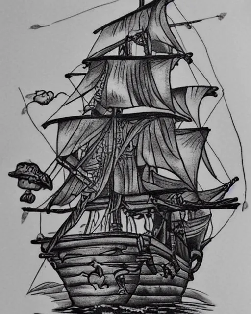 Image similar to A tattoo design on paper of a pirate ship, on paper, black and white, highly detailed tattoo, realistic tattoo, realism tattoo, beautiful shades