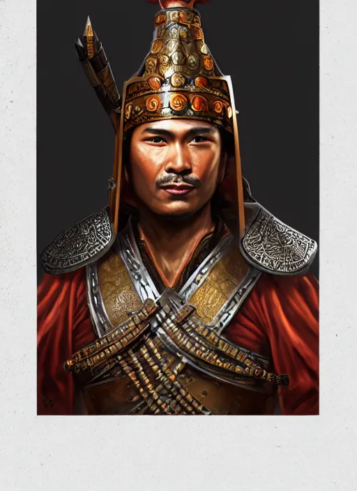 Image similar to smart tai warlord, closeup portrait, without beard and mustache, historical hero, ethnic group, tai costume, thai transitional bronze headdress, intricate, with leather armor cross on bare chest, elegant, loin cloth, highly detailed, oil painting, artstation, concept art, matte, sharp focus, illustration, hearthstone, art by earl norem