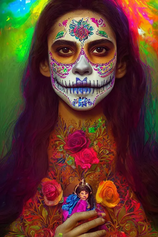 Image similar to portrait of mexican girl girl with colorful day of the dead patterns, staring directly into camera, intricate, elegant, glowing lights, highly detailed, digital painting, artstation, sharp focus, illustration, art by wlop, mars ravelo and greg rutkowski