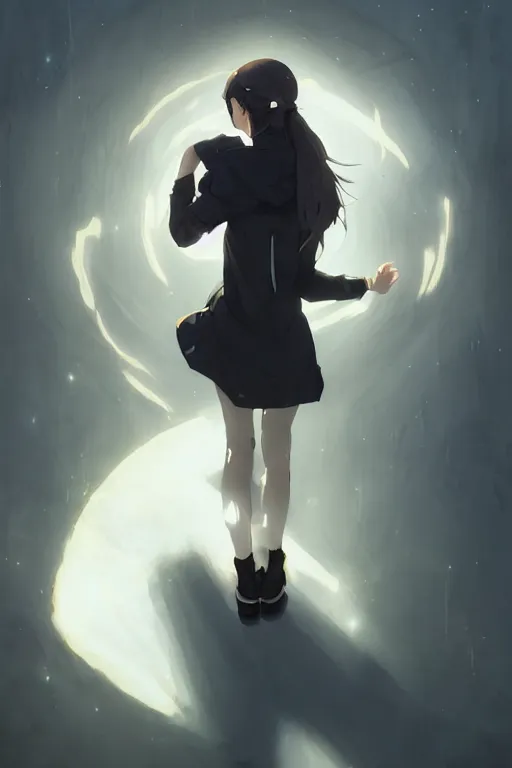 Image similar to black ponytail hair, pale woman in a black zipper jacket, yellow eyes, by artgerm, hair tied in a ponytail, white backdrop, soft lighting, night scene, by greg rutkowski makoto shinkai takashi takeuchi