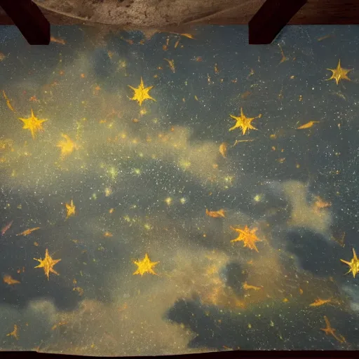 Image similar to hd photo of a fresco!! on a building, with dragon and ( falling stars ), dark faded colors, in style of henri rousseau, denoise, deblur, unreal engine, photorealism