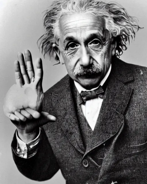 Image similar to an realistic photo of Albert Einstein holding an open palm with 7 fingers