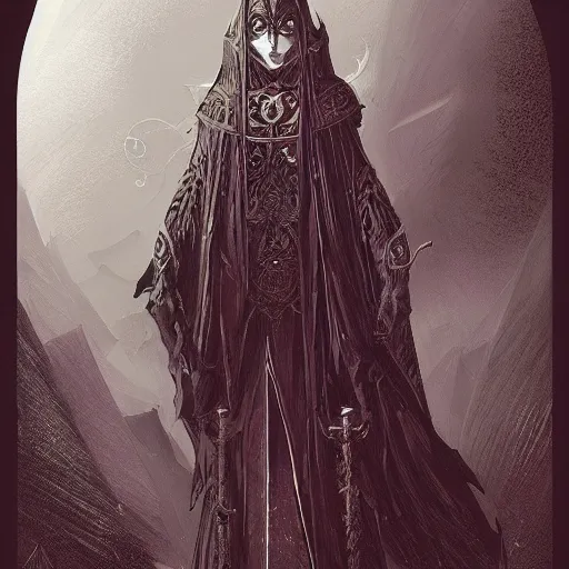 Image similar to Be Occult, a worshipper of the dark arts, donned in an ebony cloak, fantasy, intricate, elegant, highly detailed, digital painting, artstation, concept art, shining, sharp focus, illustration, art by stanley lau in the style of anime