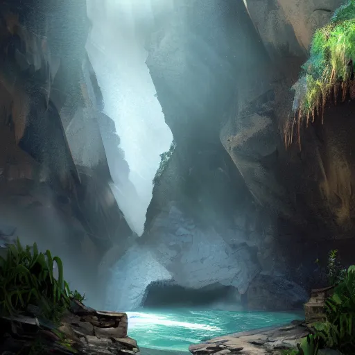 Prompt: digital art of an entrance to a cave, artstation, tomb raider, waterfall, river, mountain, rocks