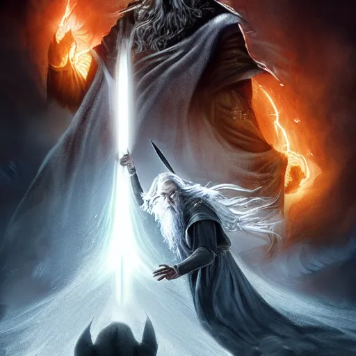 Image similar to Gandalf fight Sauron in an epic fight, dramatic lighting, artstation, hyperdetailed, high resolution, in the style of Christopher Tolkien