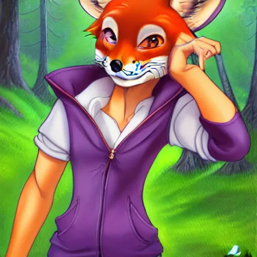 Prompt: don bluth, artgerm, anthropomorphic fox girl, purple vest, smiling, symmetrical eyes symmetrical face, bright colorful forest background