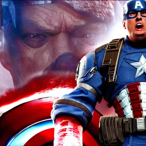 Image similar to donald trump as captain america in gears of war, splash art, maga, patriot, detailed face, movie still, cinematic lighting, dramatic, glowing, ray tracing, octane render, long lens, shallow depth of field, bokeh, anamorphic lens flare, 8 k, hyper detailed, 3 5 mm film grain