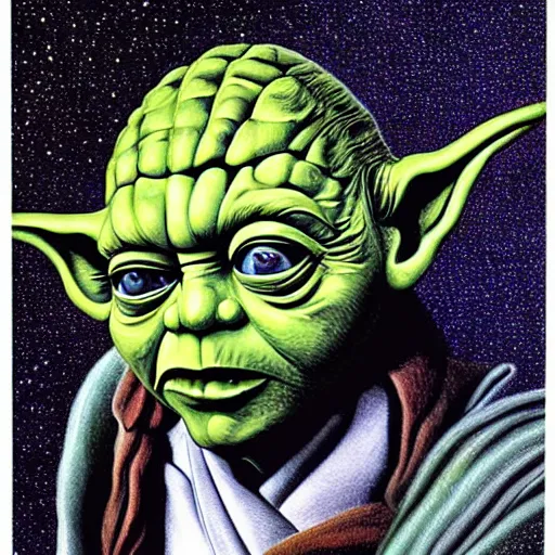 Image similar to yoda by alex grey and salvador dali, award winning profile illustration in high detail, surrealism