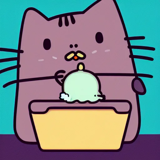 Prompt: Pusheen cat eating a muffin