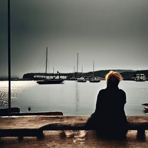 Prompt: a woman sitting at a harbour looking out at boats. gothic. soft lighting. eerie