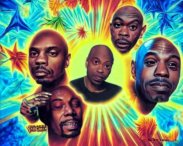 Prompt: A photo of Dave Chappelle, Kayne West, and Jackie Chan doing LSD, By Rainer Hosch, and Alex Grey