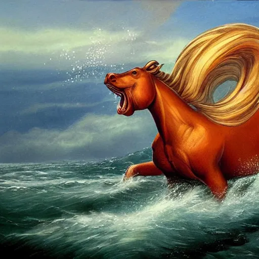 Prompt: a hippocampus rising from the sea, fantasy art,