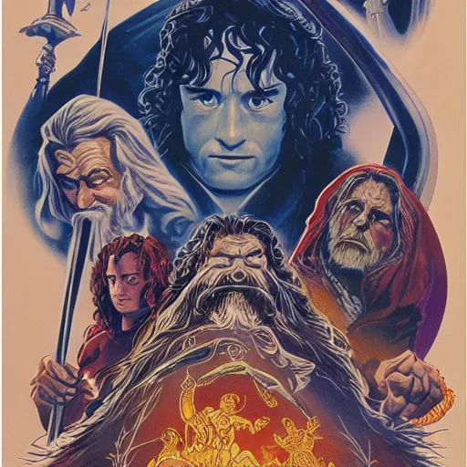 Prompt: variations on the legendary theatrical release poster of ralph bakshi lord of the rings movie, artist tom jung