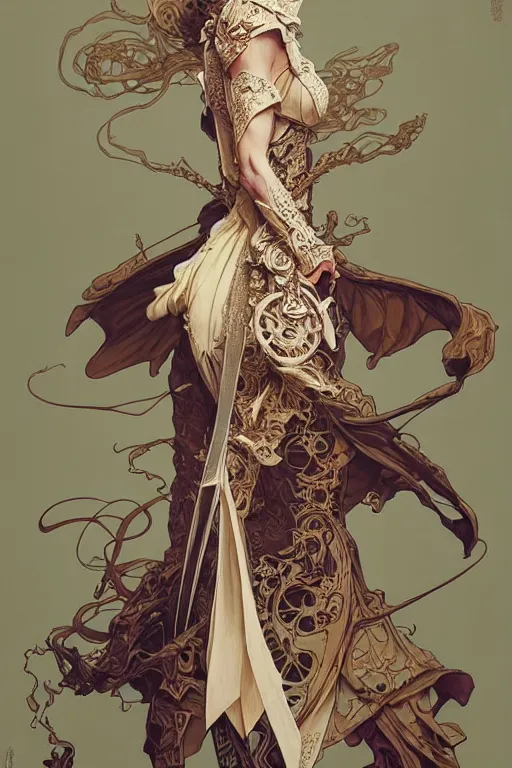 Prompt: magician style clothing design, fantasy, highly detailed, intricate, smooth, art by joseph leyendecker, peter mohrbacher, ruan jia, marc simonetti, ayami kojima, cedric peyravernay, alphonse mucha, victo ngai