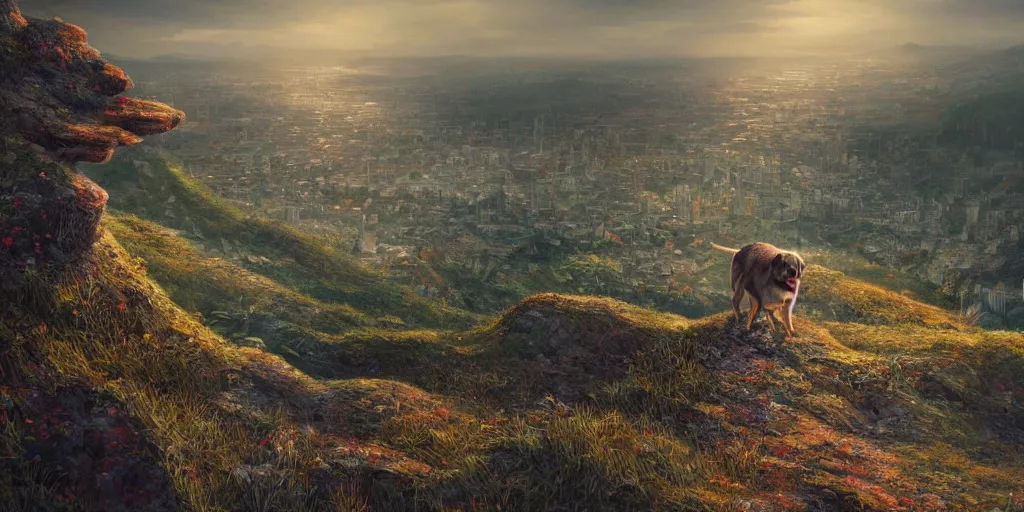 Image similar to breathtaking detailed concept art painting of a dog on the top of a hill, with a beutiful view of a tiny city below the hill, by hsiao - ron cheng, extremely moody lighting, 8 k