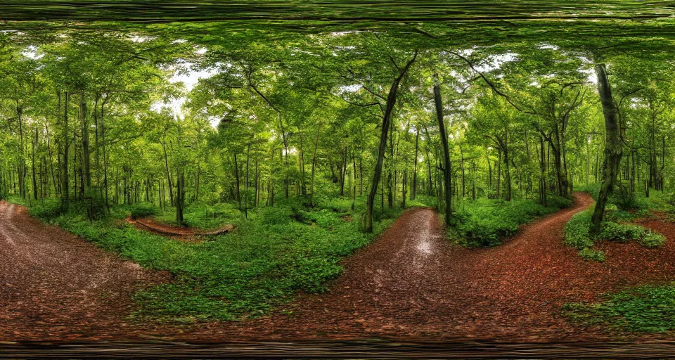 Image similar to A panoramic 360 landscape photo of beautiful forest pathway scenery. PROMPT, XF IQ4, 150MP, 50mm, f/1.4, ISO 200, 1/160s, natural light, Adobe Photoshop, Adobe Lightroom, DxO Photolab, Corel PaintShop Pro, rule of thirds, symmetrical balance, depth layering, polarizing filter, Sense of Depth, AI enhanced