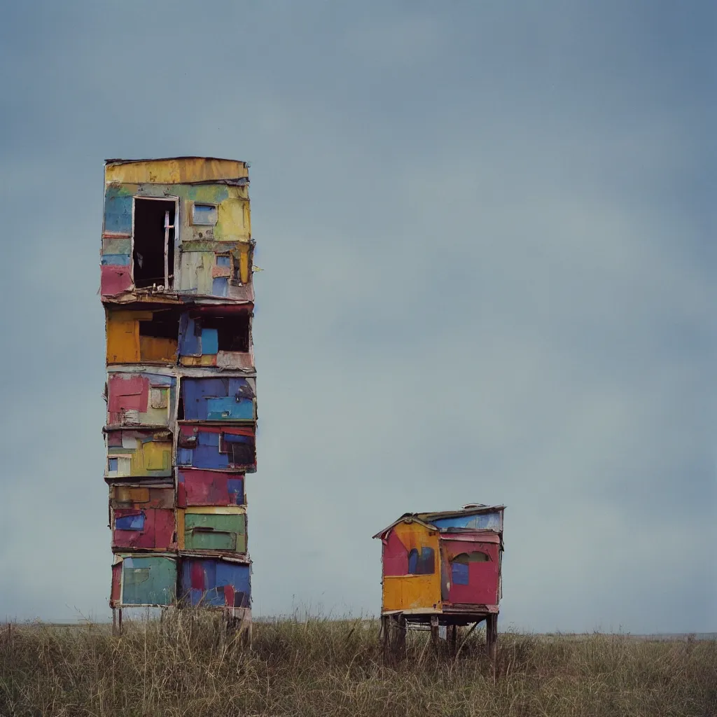 Image similar to two suspended towers made up of colourful makeshift squatter shacks with faded colours, plain uniform sky at the back, soft focus, mamiya rb 6 7, f 1. 8, photographed by uta barth