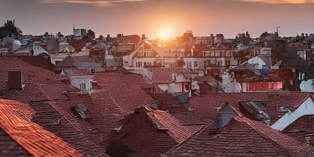 Image similar to cats running on rooftops during sunset