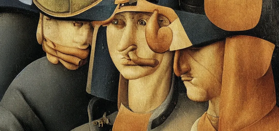 Image similar to hyperrealistic, ultra detailed, realistic render of a police officer in the style of hieronymos bosch