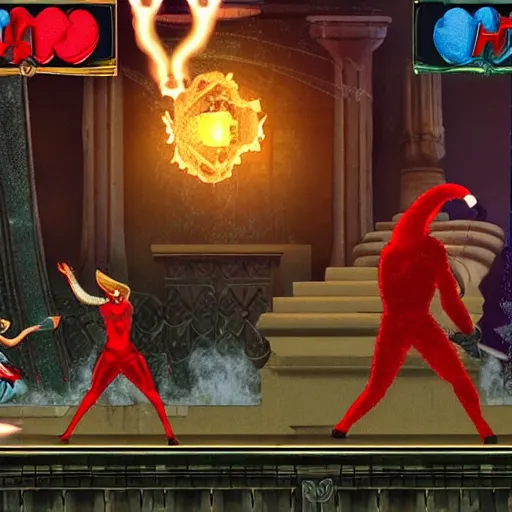 Prompt: screenshot of the video game hades, where dream from sandman is fighting santa