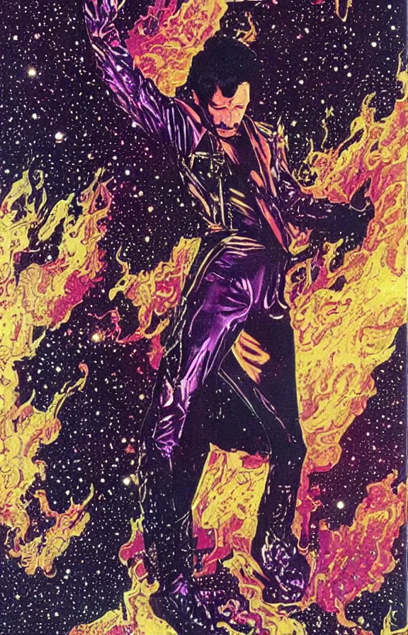 Prompt: freddy mercury with a beatiful long curly hair with a galactic background in the style of moebius