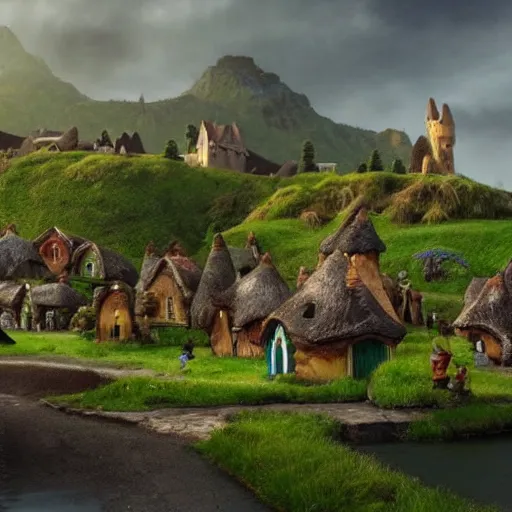 Prompt: a fantasy village with small houses, hobbits and humans walking, a castle in the background