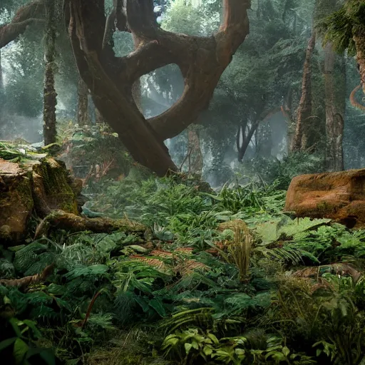 Image similar to Lush otherworldly woodlands with ancient mechanical ruins. Octane & Unreal Engine 4 & f1.4 Photography.