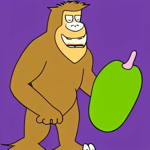 Prompt: bigfoot holding a large pickle. in the animation style of loony too s