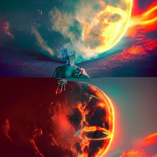 Image similar to a goddess, sci - fi aesthetics, on fire, photoshop, colossal, creative and cool, giant, photo manipulation, planets, earth, outer space, smoke, destruction