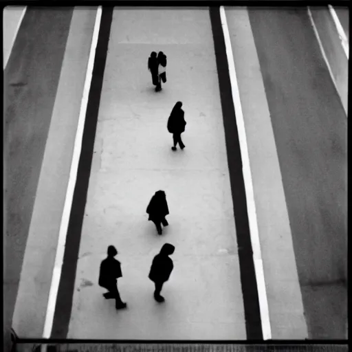 Prompt: street photography silhouettes of people walking, high angle, dynamic composition, blurry, holga camera, ilford hp 5 film