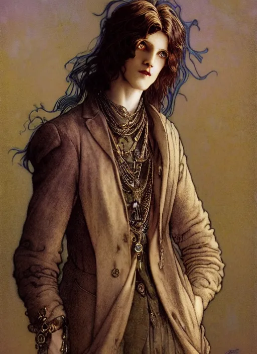 Image similar to edmund dulac, leyendecker, highly detailed portrait, a beautiful androgynous eric nally, long hair, tall and thin, wearing several pendants, art nouveau, stephen bliss, unreal engine, by greg rutkowski, loish, ferdinand knab, ilya kuvshinov, rossdraws, tom bagshaw, alphonse mucha, global illumination, radiant light