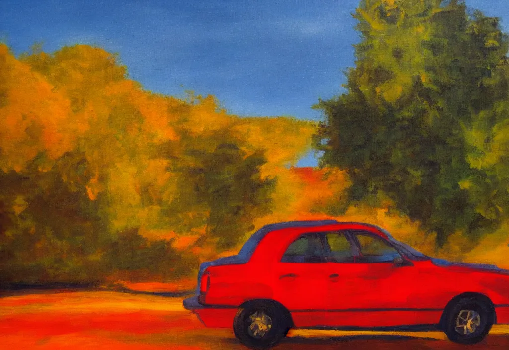 Prompt: one red car driving in the road, nature, golden hour, rule of thirds, brush strokes, oil painting