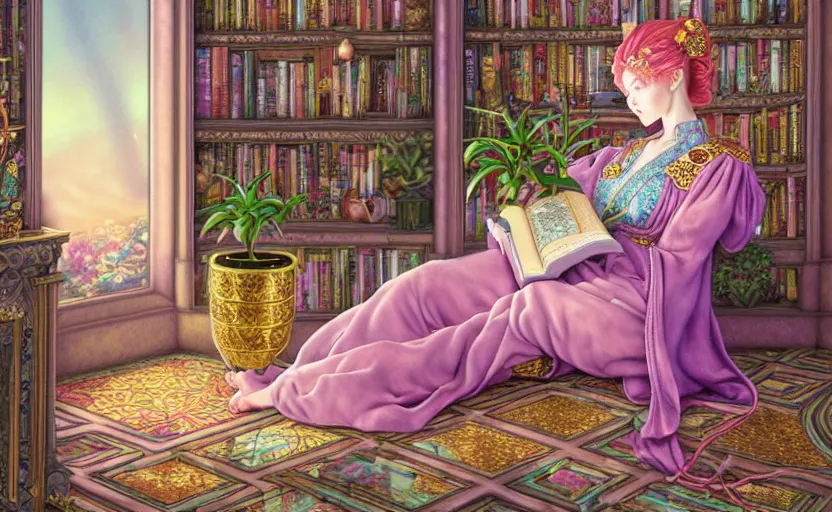 Image similar to a detailed fantasy pastel portrait of a woman wizard in ornate clothing lounging on a purpur pillow on the marble floor in front of her bookcase in a room, reading an ancient tome. to the side is a potted plant. ancient retrofuturistic setting. 4 k key art. raytracing, by chie yoshii and yoshitaka amano.