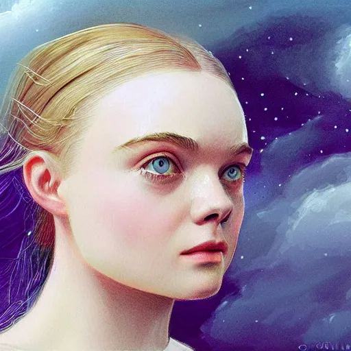 Image similar to professional painting of Elle Fanning in the style of John Harris, head and shoulders portrait, symmetrical facial features, smooth, sharp focus, illustration, intricate, stormy weather, extremely detailed masterpiece,