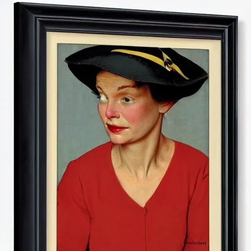 Image similar to frontal portrait of a woman with a hat that covers her eyes, by norman rockwell