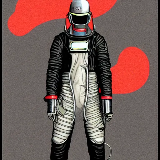 Image similar to cyberpunk japanese man with long limbs and a black spacesuit on a spacewalk, techwear, Industrial Scifi, detailed illustration, character portrait, by Martin Grip and Moebius