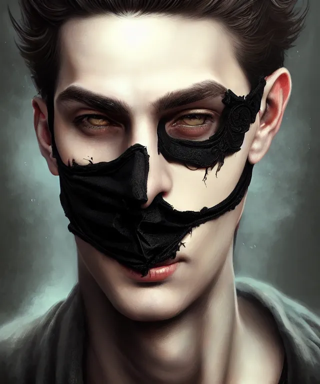 Image similar to european young man wearing black mask, beautiful face, highly detailed face!!!, true anatomy!, extremely detailed!, digital painting, unreal engine 5, art by tom bagshaw