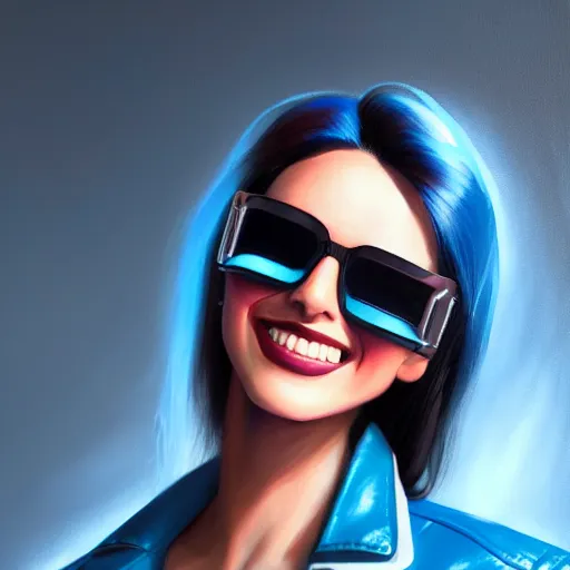 Image similar to closeup painting of a very beautiful young mexican cyberpunk woman smiling, wearing light blue shades and a leather jacket, one side haircut, long brown hair with light blue ends, portrait, hyperdetailed, artstation, cgsociety, 8 k, synthwave by tangerine dream