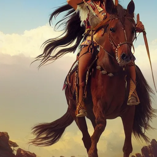 Image similar to native American on a horse during hunt, highly detailed, digital painting, cgsociety , concept art, sharp focus, illustration, art by artgerm and greg rutkowski and alphonse mucha