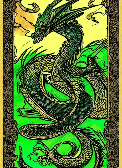 Prompt: tarot card of a dragon, meaning confidence and riches in the future, modern design, digital art, stylish, black and green, sharp inks