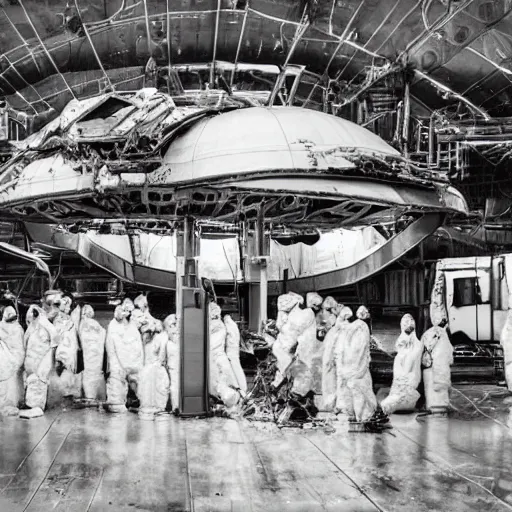 Prompt: dismantled, crashed, ufo spaceship in hanger with people in hazmat suits standing around, grainy, vintage photo, sepia, old photo, realistic, detailed,