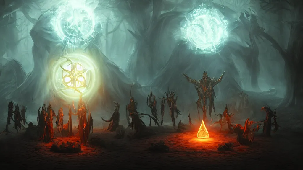 Prompt: mages in circle summoning an evil beast. lighting, flux. dark fantasy, digital painting, hd, highly detailed.