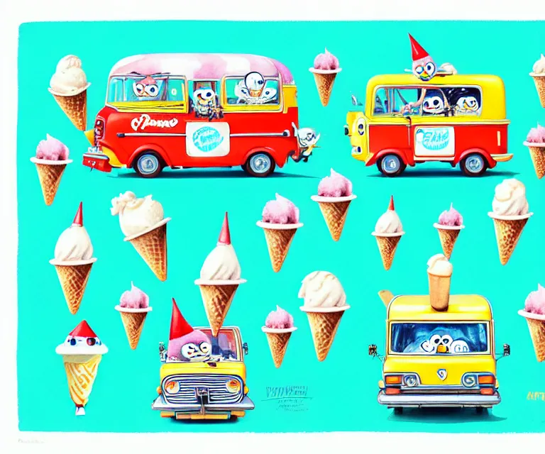 Image similar to cute and funny, penguin riding in a tiny ice cream truck with an oversized engine, ratfink style by ed roth, centered award winning watercolor pen illustration, isometric illustration by chihiro iwasaki, edited by range murata, tiny details by artgerm and watercolor girl, symmetrically isometrically centered, sharply focused