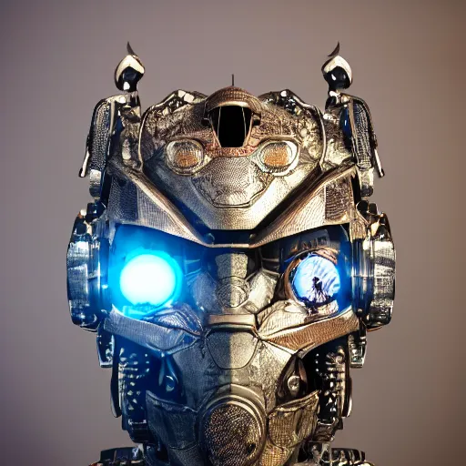 Image similar to Ultra-detailed cinematic render of a macro mecha cyborg face, cyborg eyes, metalic reflection, intricate details, full body, torso, hands, wires, unreal engine, dragon armor, intricate, octane render, high quality, ornate gems, 8k, by takeshi yoshida, volumetric lighting, person centered composition, trending on art station