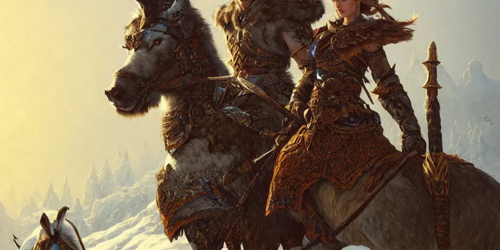 Image similar to azure viking warrior with animal companion, regal, elegant, winter, snow, beautiful, stunning, hd, illustration, epic, d & d, fantasy, intricate, elegant, highly detailed, wide angle, digital painting, artstation, concept art, smooth, sharp focus, illustration, wallpaper, art by artgerm and greg rutkowski and alphonse mucha and jin xiaodi