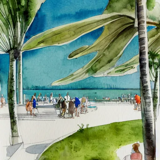 Prompt: watercolor sketch of organic rectangular architecture concept, sea, renzo piano, sketche, villa, people, beach, artistic, ecology, green.