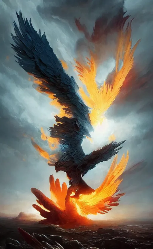 Prompt: a beautiful artwork illustration, the birth of a phoenix, ash and dust, fiery theme, volumetric fog, godrays, high contrast, high contrast, high contrast, vibrant colors, vivid colors, high saturation, by Greg Rutkowski and Jesper Ejsing and Raymond Swanland, featured on artstation, wide angle, vertical orientation