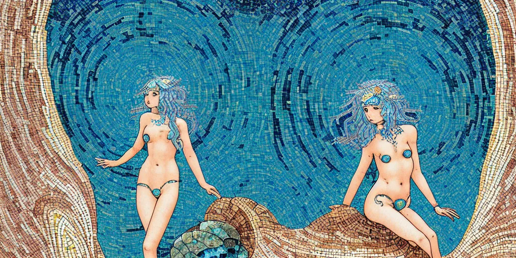 Image similar to ancient roman mosaic of bluehair mermaid with a shell bikini on sea floor, low ceiling, illustration by moebius, victo ngai, josan gonzales, katsuhiro otomo, clean thick line