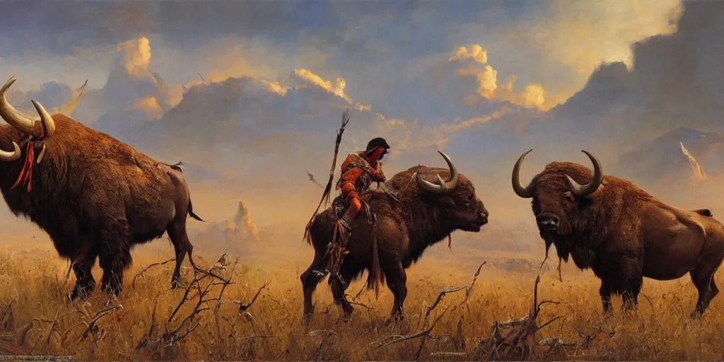 Prompt: of Native American hunting a buffalo Peter Andrew Jones and Peter Gric