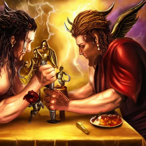 Image similar to A demon arm wrestling an angel on a dinner table, fantasy art, 8k, high resolution photography